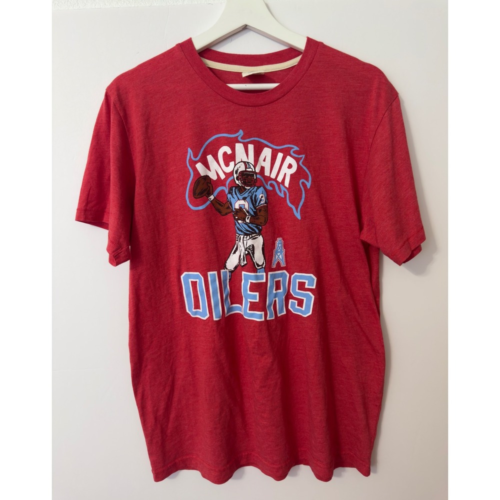 Vintage Steve McNair Houston Oilers T-Shirt Mens Large Red NFL Tennessee Titans